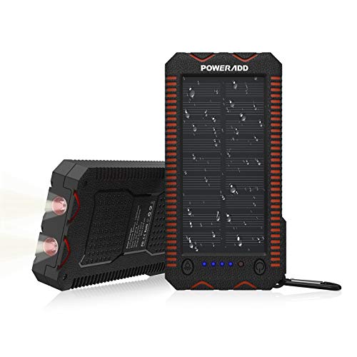 POWERADD Cargador Solar Portátil con 12000mAh, Batería Externa 2 Puertos de USB Panel Solar con Alta Eficiencia de Conversión Impermeable Inteligente, Color Naranja y Negro.