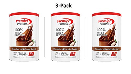 Premier Protein 100% Whey Powder Chocolate Milkshake -Alta Proteína Baja Azúcar y Grasa Polvo+Proteína de Suero, (3 x 315g)