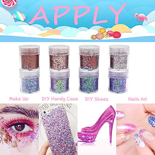 Purpurinas Polvo 8 colores Chunky Glitter con brillo cosmético Fiestas y festivales brillantes Decoración para rostro, ojos, uñas, cabello y cuerpo (8 piezas)