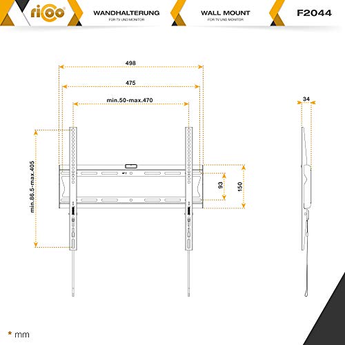 RICOO F2044, Soporte TV Pared, Fijo, Plano, Ultra Delgado, Televisión 32-55" (81-140cm), Universal, Televisor LED/LCD/Curvo, VESA 200x200-400x400