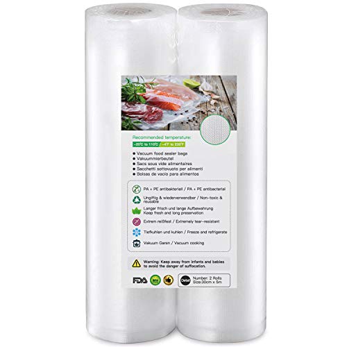 Rollos al Vacio para Envasadora al Vac¡§ao, 2 Rollos 30 x 500cm Bolsas de Vac¡§ao de Alimentos, BPA Free, Bolsas de Vacio Gofradas para Conservaci¡§?n de Alimentos y Sous Vide Cocina & Boilable