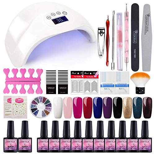 Saint-Acior Kit Uñas de Gel 10pcs Esmalte Semipermanente Gel Uñas 48W UV Lámpara Doble Luz Top Coat Base Coat Kit de Manicura