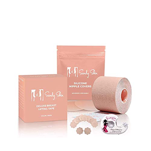 SandySkin Boob Tape, Sujetador Adhesivo para Copa A-E | Cinta para el Cuerpo | Invisible Push Up sin Tirantes Cómoda Cinta de Levantamiento de Senos + BONUS