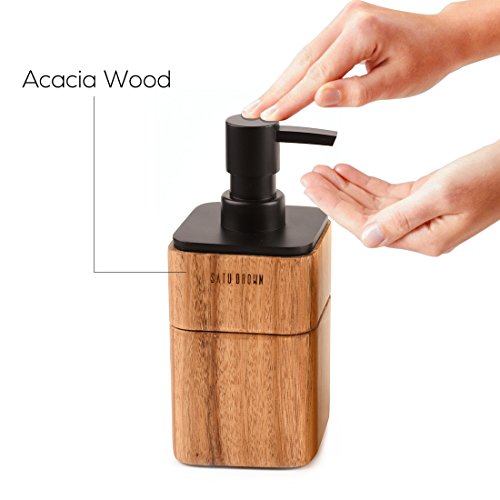 Satu Brown - Juego de accesorios de baño (3 piezas, madera de acacia, incluye dispensador de jabón, vaso de baño, jabonera, accesorio para decoración de baño)