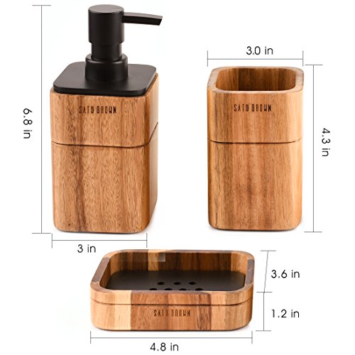 Satu Brown - Juego de accesorios de baño (3 piezas, madera de acacia, incluye dispensador de jabón, vaso de baño, jabonera, accesorio para decoración de baño)