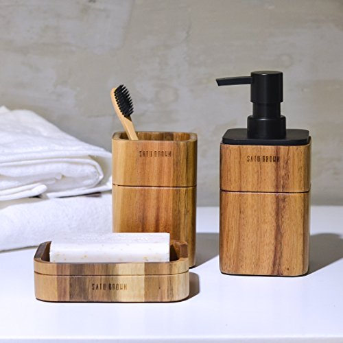 Satu Brown - Juego de accesorios de baño (3 piezas, madera de acacia, incluye dispensador de jabón, vaso de baño, jabonera, accesorio para decoración de baño)