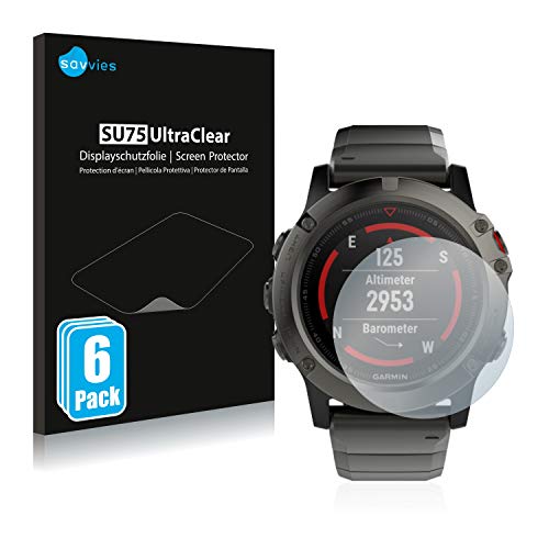 savvies Protector Pantalla Compatible con Garmin Fenix 5X (51 mm) (6 Unidades) Pelicula Ultra Transparente