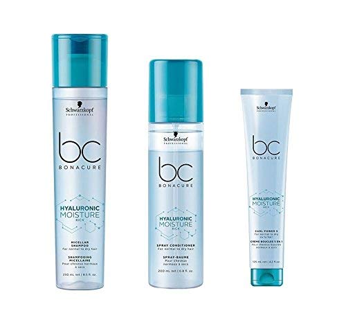 Schwarzkopf Bonacure Hyaluronic Moisture Kick Micellar Shampoo 250ml, Spray Conditioner 200ml and Curl Power 5 125ml