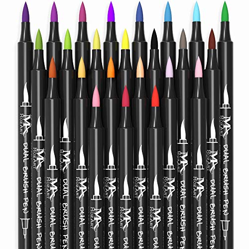 Set de rotuladores con doble punta de pincel- 24 colores - alta calidad, crea un efecto acuarela - Ideal para libros para colorear para adultos, manga, comic, caligrafía - MozArt Supplies