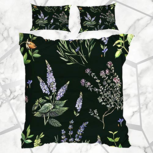 Sets de Funda nórdica Cara Acuarela Aroma Plantas medicinales Pintura a Mano Naturaleza Lavanda cosmética Verde Vintage Bio Ropa de Cama de Microfibra con 2 Fundas de Almohada