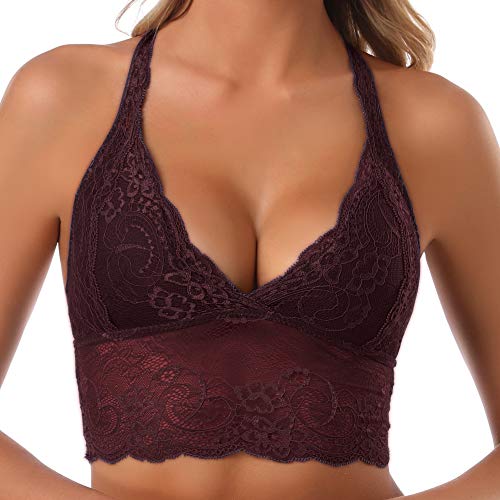 SHEKINI Sujetador Bralette Blonda Estilo Top Triangular de Encaje Crochet Lace sin Aro con Relleno Extraíble y Tirantes Cruzados no Ajustables sin Cierre para Mujer (Púrpura, S)