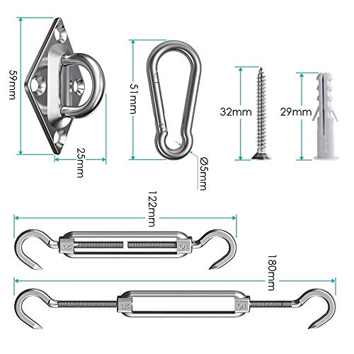 shirylzee Kit de Montaje para Toldo, 44 Piezas Kit de Fijación para Toldo Vela Accesorios de Instalación de Vela de Sombrilla de Acero Inoxidable para Vela de Rectángulo Cuadrado y Triangular