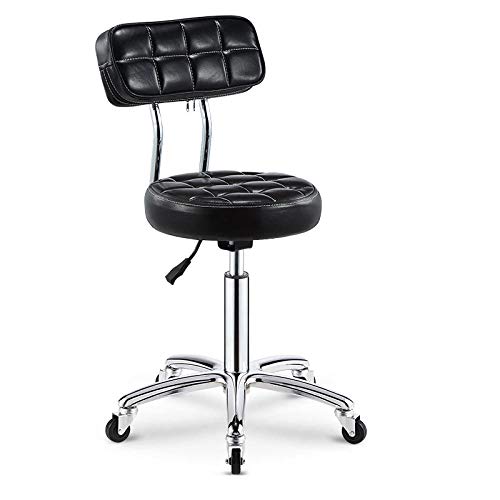 Sillon Giratorio con Rueditas，Taburete Manicura con Negro Cuero Sintético Asiento，Altura Regulable 45-58 cm，160kg de Capacidad de Carga，Taburete Poni con Respaldo para Beauty Kitchen Salon Home Offic