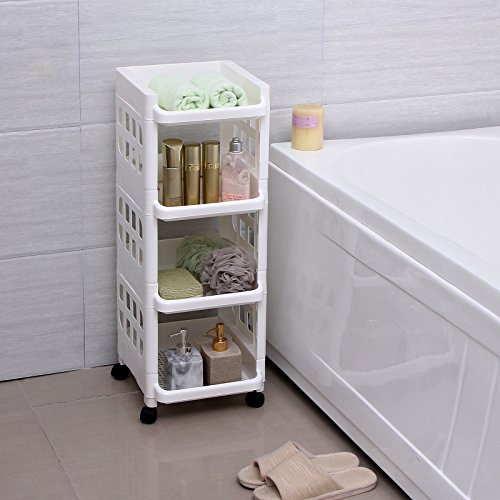 SONGMICS Carrito de Plástico con 4 Niveles, Estantería con Ruedas de PP, Organizador para Cocina y Baño, Estante de Almacenamiento, Blanco KSC02WT