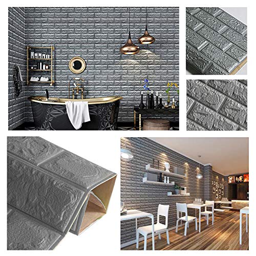 Soontrans Papel Pintado de Pared 3D Ladrillo Empapelado Pegatina Mural Autoadhesivo Decorativos Extraíble Impermeable para Hogar Cocina Salón Moderna TV Decor (77 cm x 70 cm)(10ps, Gris)