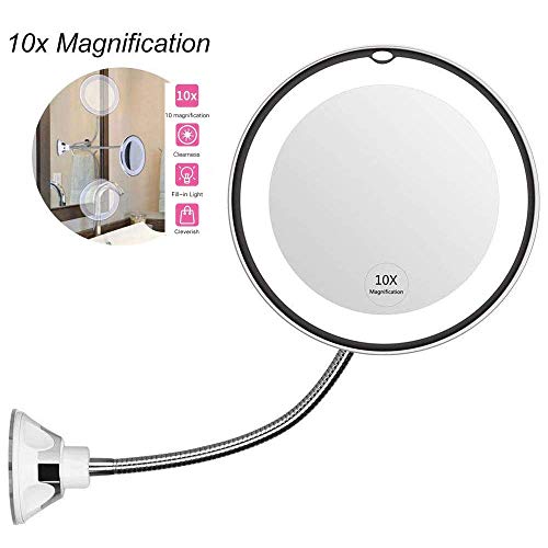 soyin Espejo de Maquillaje LED con Aumento de 10X, Espejo de tocador del Cuarto de baño con la Ventosa Fuerte y el Cuello de Cisne Flexible Ajustable 360 °,Espejo de Maquillaje inalámbrico (White)