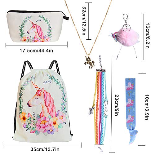 Standie Mochila con cordón para Unicorn Xmas Regalo para niñas Incluye Bolsa de Maquillaje Pulsera Collar Corbatas para el Cabello para favores de la Fiesta del Unicornio