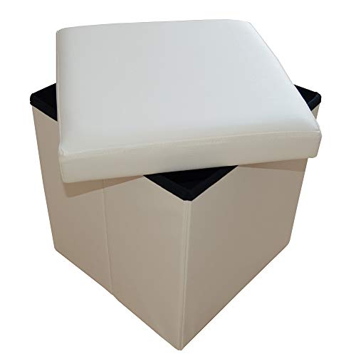 Stylehome Asiento de banco, caja con espacio de almacenamiento plegable, soporta hasta 300 kg, piel sintética, 38 x 38 x 38 cm, piel sintética, blanco roto, 38 x 38 x 38 cm