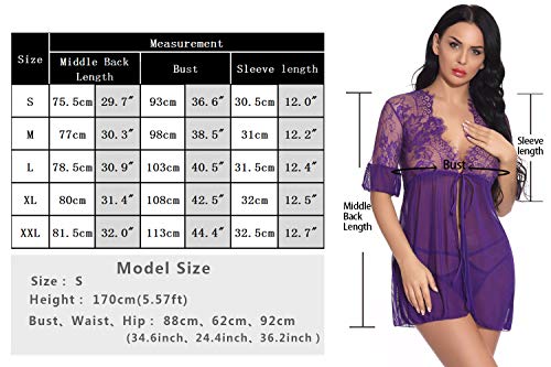 Sykooria Conjunto de Lencería Sexy para Mujer Pestaña Babydoll Frente Abierto Camisón de Encaje Floral Chaquetas Vestidos Malla Transparente Malla de Encaje de Media Manga