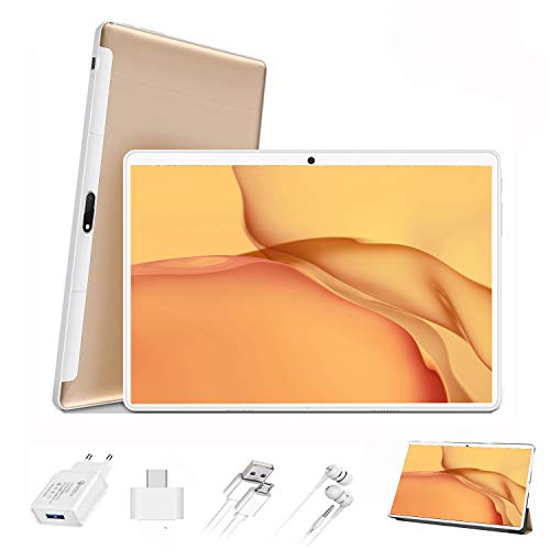 Tablet 10 Pulgadas 4G FHD 64GB de ROM 4GB de RAM Android 9.0 Certificado por Google GMS Tablet PC Procesador de Quad Core Batería 8500mAh Dual SIM 8MP Cámara WiFi,Bluetooth,GPS,OTG(Oro)