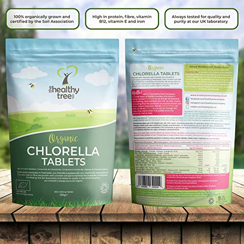 Tabletas de Chlorella Orgánica de The HealthyTree Company - Vegano, Vitaminas B12 y E, Hierro - Clorela Comprimidos de Pared Celular Rota, Certificada por el Reino Unido, 300 x 500 mg (150 g)