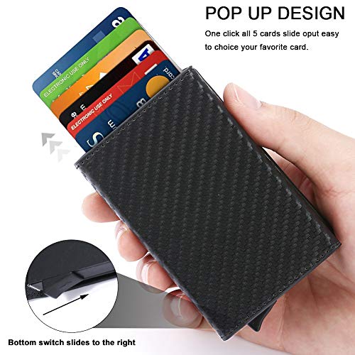 Tarjeteros para Tarjetas de Credito, SAMKING Automática Pop-up Tarjeteros Cuero Cartera para Mujer y Hombre (Carbon Negro)