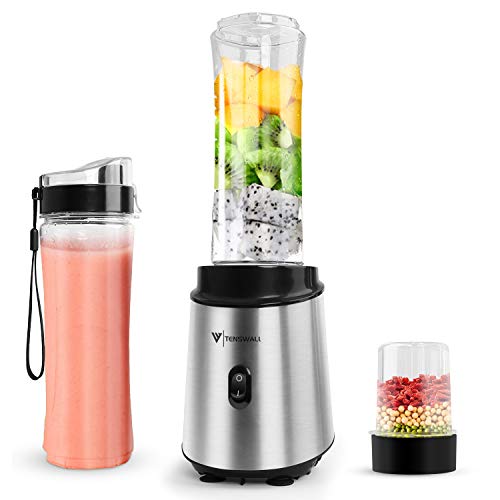 Tenswall Batidora de Vaso para Smoothies, Licuadora con Cuerpo de Acero INOX Capacidad y 2 Sin BPA Botellas Portátiles de 600 ml y Taza de Molienda de 200 ml, Pica Hielo,Fresado Café, 400W - Plata