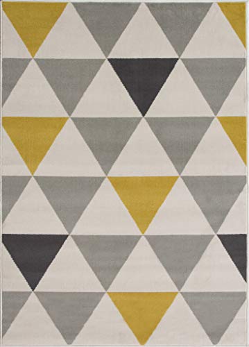 The Rug House Milan Ocre Amarillo Mostaza Gris Beige con triángulos arlequín Tradicional Alfombra de salón 190cm x 280cm