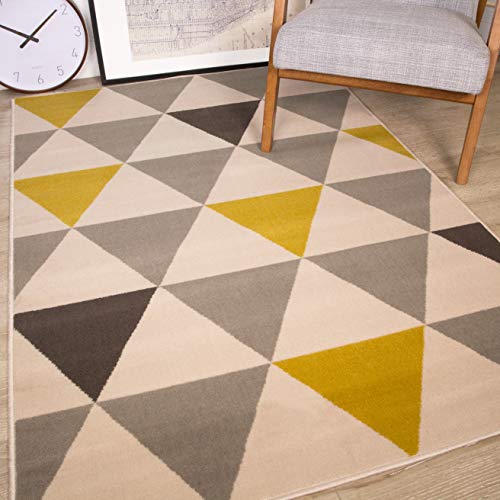 The Rug House Milan Ocre Amarillo Mostaza Gris Beige con triángulos arlequín Tradicional Alfombra de salón 190cm x 280cm