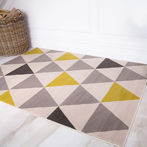 The Rug House Milan Ocre Amarillo Mostaza Gris Beige con triángulos arlequín Tradicional Alfombra de salón 190cm x 280cm