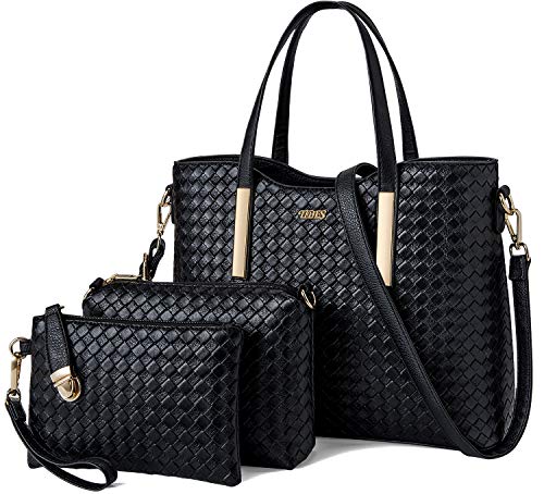 TIBES Bolso de cuero de la PU de la manera + bolso de hombro + monedero bolso de 3pcs A Negro