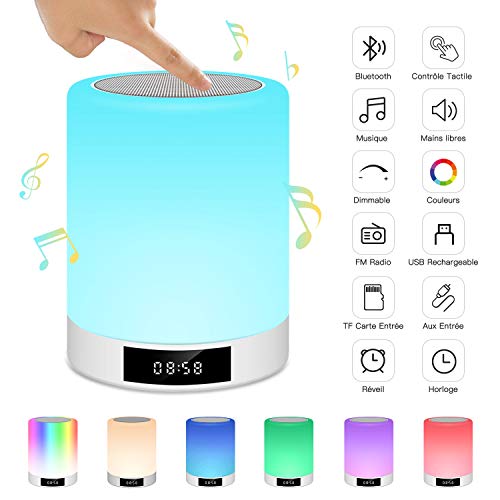 Tikitaka - Lámpara de noche táctil recargable portátil, lámpara de mesa con altavoz Bluetooth y música, radio despertador, luz LED, multicolor manos libres, para dormitorio, oficina, cuarto de bebé