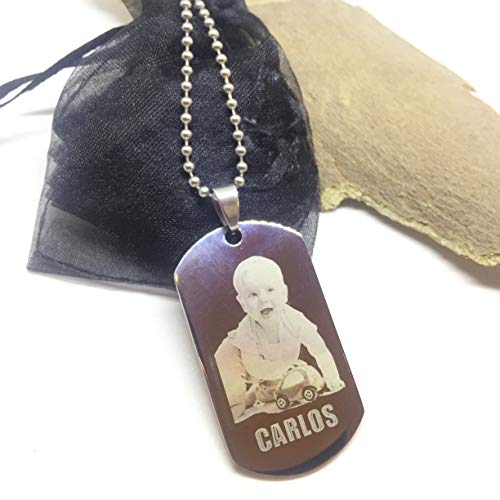 TusPlacas Colgante Hombre con Foto o Texto Personalizados - Chapa Acero Inoxidable Grabada - Colgante Foto Estilo Chapas Militares - Incluye Bolsita de Regalo y Cadena de Acero de Bolitas