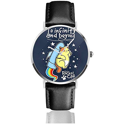 Unisex Business Casual Rocket Cat To Infinity and Beyond Watches Reloj de Cuero de Cuarzo