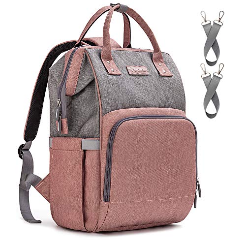 Upsimples Mochilas para pañales bebé, bolsas de pañales, con puerto de carga USB y 2 correas de cochecito para mamá y papá (rosa y gris)