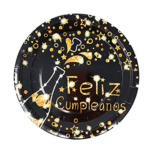 Vajilla Desechable para Cumpleaños de Adultos - Platos, Vasos, Tenedores, Cucharas, Cuchillos, Mantel y Servilletas - Accesorios para Decoración, Color Negro y Dorado - 16 Invitados(Kit Básico)