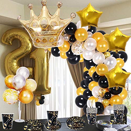 Vajilla Desechable para Cumpleaños de Adultos - Platos, Vasos, Tenedores, Cucharas, Cuchillos, Mantel y Servilletas - Accesorios para Decoración, Color Negro y Dorado - 16 Invitados(Kit Básico)