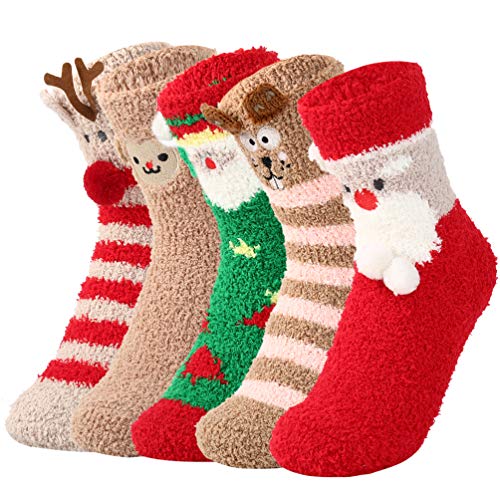 VBIGER Calcetines de Invierno Calientes de Piso Lindos de Navidad para Mujer Vellón de Coral Abrigados 5 pares