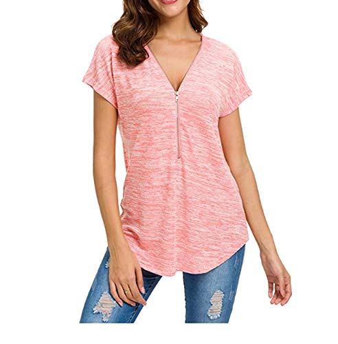 Verano Nuevas Mujeres con Cremallera Color SóLido con Cuello En V Manga Corta Color AlgodóN Camisa De Mujer Camiseta