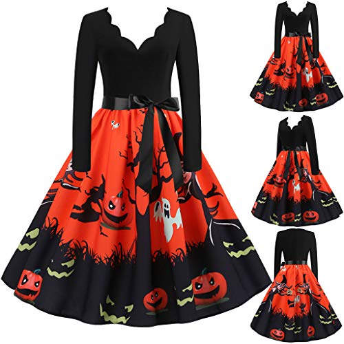 Vestido de Fiesta de Noche de Ama Casa Halloween de Los Años 50 de Manga Larga Vintage para Mujeres Cuello V Vestido de Cóctel Clásico Vendimia de Las Mujeres Vestidos(XXL,Naranja)