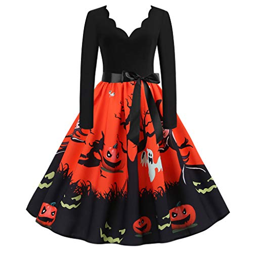 Vestido de Fiesta de Noche de Ama Casa Halloween de Los Años 50 de Manga Larga Vintage para Mujeres Cuello V Vestido de Cóctel Clásico Vendimia de Las Mujeres Vestidos(XXL,Naranja)