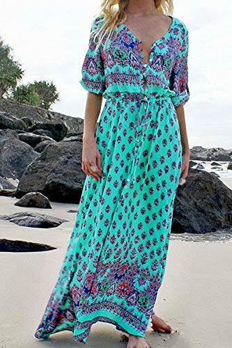 Vestido De Fiesta Maxi Swing De Manga Larga Bohemio con Estampado Floral para Mujer Verde S