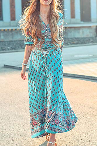 Vestido De Fiesta Maxi Swing De Manga Larga Bohemio con Estampado Floral para Mujer Verde S