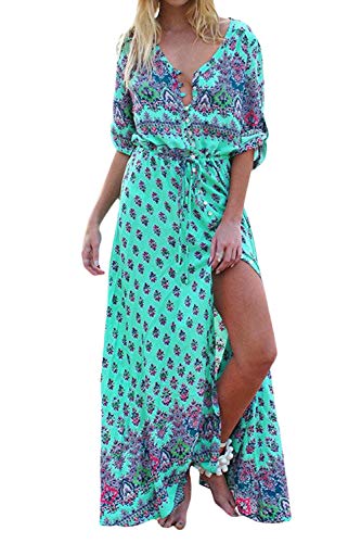 Vestido De Fiesta Maxi Swing De Manga Larga Bohemio con Estampado Floral para Mujer Verde S