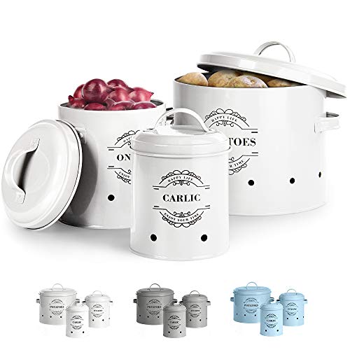 Virklyee® Tarros de Patatas Tarro de Cebolla Tarro de ajo Juego de 3 Frascos de Almacenamiento para Frutas y Verduras Tanque de Almacenamiento de Metal Botes para Alimentos (Blanco)