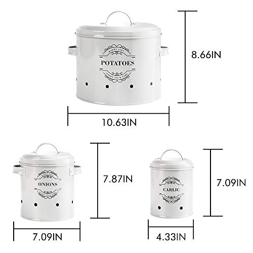 Virklyee® Tarros de Patatas Tarro de Cebolla Tarro de ajo Juego de 3 Frascos de Almacenamiento para Frutas y Verduras Tanque de Almacenamiento de Metal Botes para Alimentos (Blanco)