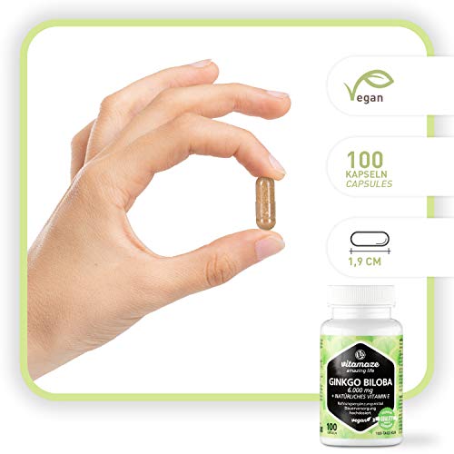 Vitamaze® Cápsulas de Ginkgo de dosis alta 6000 mg, cápsulas de extracto de Gingko Biloba vegano 50:1, 100 cápsulas para 100 días de cuidado continuo, hecho en Alemania