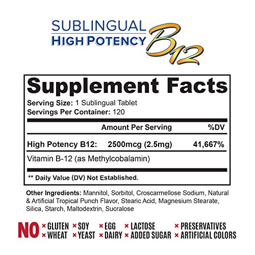 Vitaminas B12 de alta potencia - Sublingual B 12 suplemento de metilcobalamina | Forma más efectiva de B12 con absorción superior, gran sabor de punzón de fruta, 120 tabletas de punzón de fruta