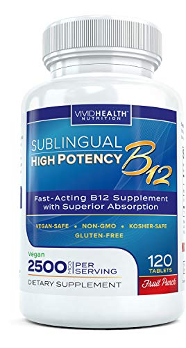 Vitaminas B12 de alta potencia - Sublingual B 12 suplemento de metilcobalamina | Forma más efectiva de B12 con absorción superior, gran sabor de punzón de fruta, 120 tabletas de punzón de fruta