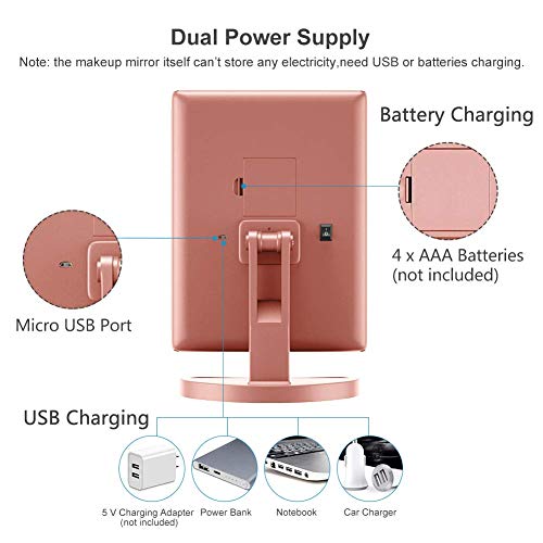 WEILY Espejo de vanidad Triple, 21 LED y Aumento 1X / 2X / 3X, Interruptor táctil para Ajustar el Brillo, Modo de Fuente de alimentación Dual Espejo de Maquillaje (Oro Rosa)